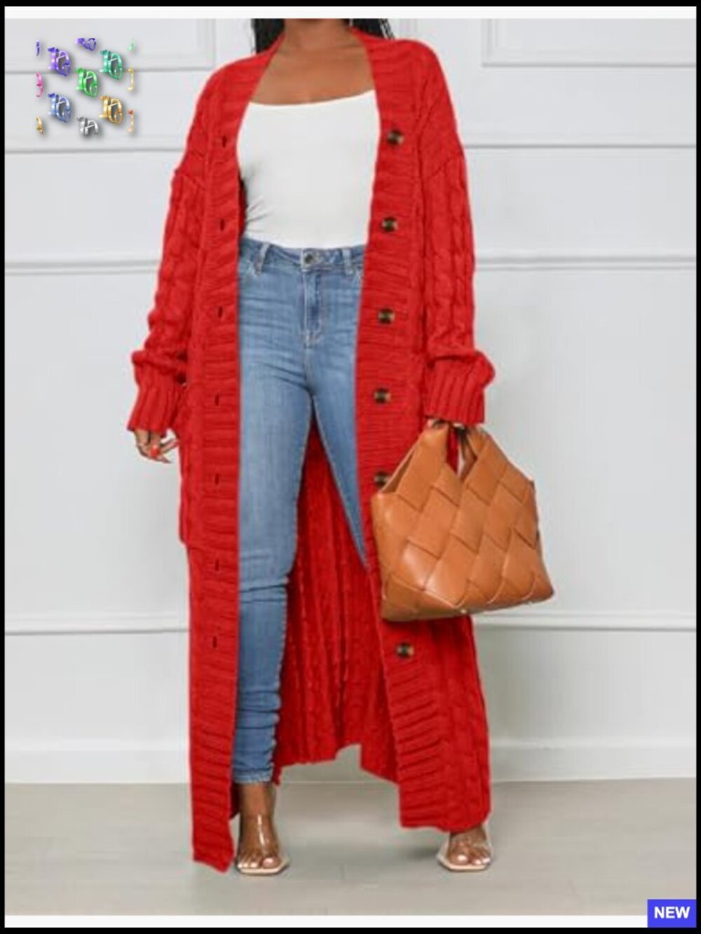Chunky Cable Knit Maxi Cardigan with Pockets Loose Fit V-Neck Pullover - Picture 2 of 7